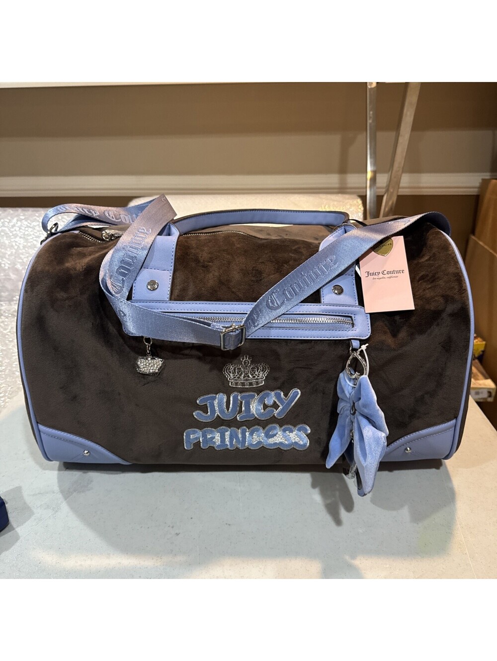 Juicy Couture Juicy Princess Duffle Bag Velour Navy Blue Pink Weekender NWT Y2K